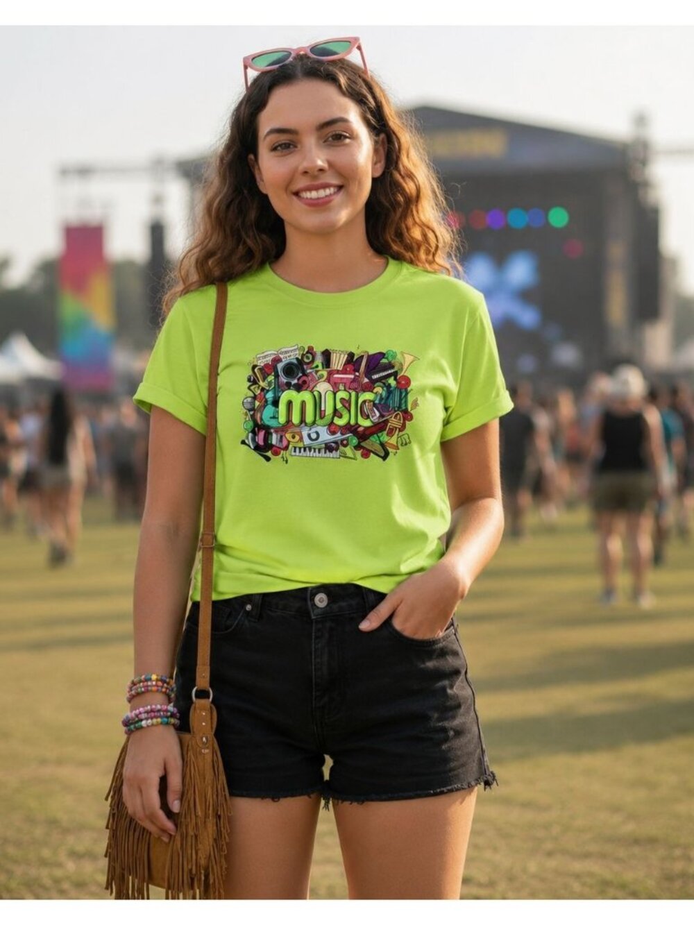 Bright Green Music Graphic Tee Large Musiccore Color Pop Shirt